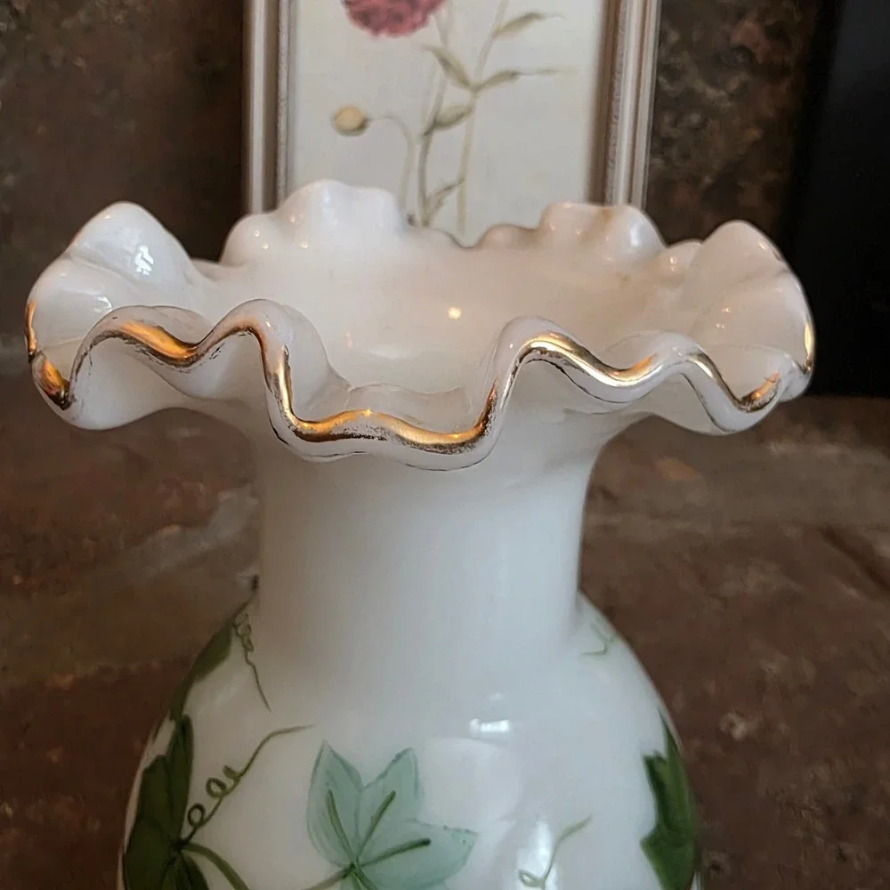 Vintage Consolidated Milk Glass Ivy Vase Hand Painted Ruffled Gold Rim 6 Inch